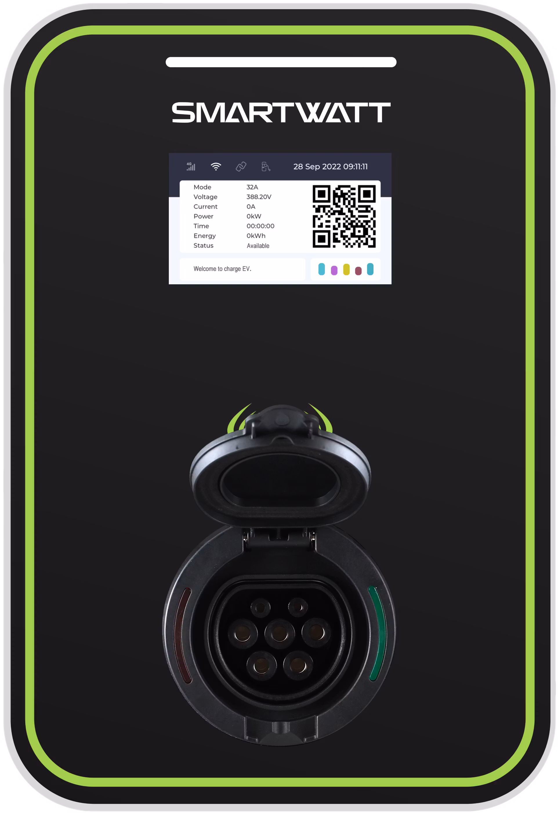 Автомобильная электрозарядная станция SMARTWATT EVC, 22 кВт, коммерческая OCPP 1.6J, переменный ток, 3 фазы 380 В 32 А, розетка Type2, IP55EVC AC 22K 3P CO Type2 4512020470014