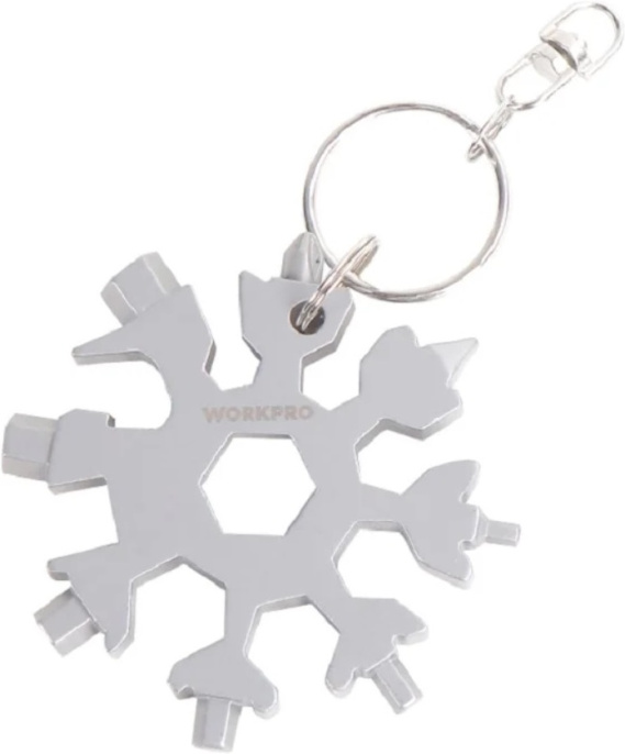 Мультиинструмент WorkPro WP221067 многофункциональный инструмент "Снежинка" 18 в 1, нержавеющая сталь, брелок-мультитул, функции: открывалка для бутылок, крестовая и шлицевая отвертка, внутренний шестигранник: 3, 4, 5, 6, 7, 8 мм