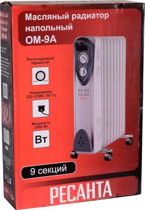 Масляный радиатор Ресанта ОМ-9А, с терморегулятором, 2000Вт, 9 секций, 3 режима, белый [67/3/16]