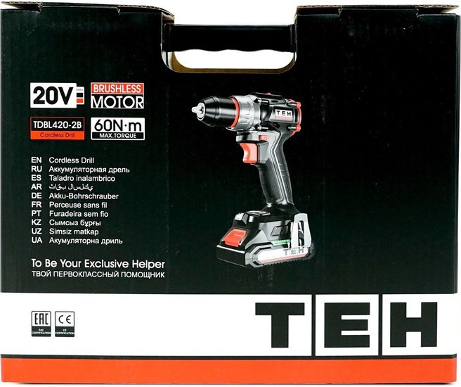 Дрель-шуруповерт TEH TDBL420-2B (напряжение: 20 В, обороты: 0-450/2000 об/мин, крутящий момент: 60нм, быстрозажимной патрон: 13 мм, в комплекте: крюк для ремня, комплектация: 2 шт акб 2 ач, зу, кейс)