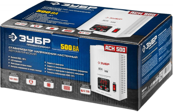 Стабилизатор напряжения Зубр АСН 500, 0.5кВт серый [59381-0.5]