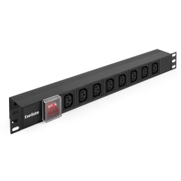 Блок розеток с выключателем с подсветкой и разъемом подключения C14 ExeGate ServerPro PDU-19H808 Al-8C13-C14-SW (19",1U, Алюминий, 8 IEC 320 C13, C14, выкл. с подсветкой, черный, RTL) EX280854RUS