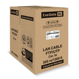 Кабель ExeGate FUTP4-C5e-CCA-S26-IN-PVC-GY-305 FTP 4 пары кат.5e CCA, 0.41мм 26AWG , экран, 305м, серый, PVC EX300623RUS