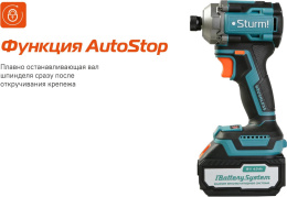 Винтоверт Sturm! CD250H (питание: аккумулятор, бесщеточный двигатель, 2600 об/мин, крутящий момент: 250 Нм, тип батареи: Li-Ion, напряжение: 18 В, патрон: шестигранный, 1/4" (6.35 мм), емкость: 4 Ач, подсветка рабочей зоны, тормоз двигателя, реверс, кейс)