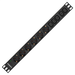 Блок розеток с кабелем с евровилкой ExeGate ServerPro PDU-19H011 Al-5C136S-EU2.5CU 19", 1U, Алюминий, 5*IEC 320 C13, 6*EU/Тип F Schuko ,Евровилка EU/Тип F Schuko VDE-250V-16A-3*1.5mm2, медь, 2.5 метра, индикатор питания, черный, RTL EX280869RUS