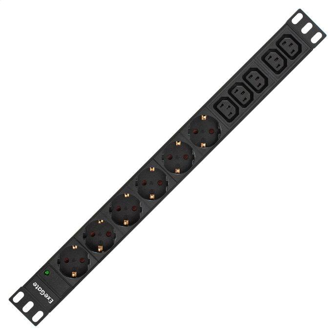 Блок розеток с кабелем с евровилкой ExeGate ServerPro PDU-19H011 Al-5C136S-EU2.5CU 19", 1U, Алюминий, 5*IEC 320 C13, 6*EU/Тип F Schuko ,Евровилка EU/Тип F Schuko VDE-250V-16A-3*1.5mm2, медь, 2.5 метра, индикатор питания, черный, RTL EX280869RUS