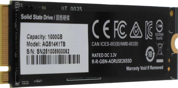 SSD накопитель Gigabyte Aorus Gen5 14000 1ТБ, M.2 2280, PCIe 5.0 x4,  NVMe,  M.2 [ag514k1tb]