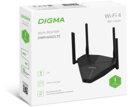 Wi-Fi роутер Digma DWR-N302LTE,  Wi-Fi 4,  N300,  2.4ГГц, 2 LAN,  2G/3G/4G, черный