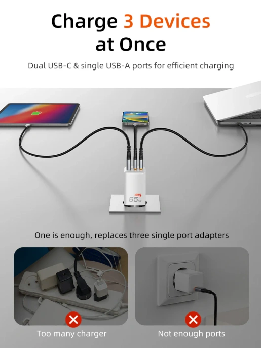 Зарядное устройство CABLETIME GA65W CT-GAN65A-PW GaN PD3.0 2C1A 65 Вт, белый