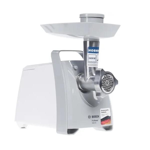 Мясорубка Bosch MFW45020 White/Grey 500 Вт, производительность: 1.9 кг/мин, реверс, материал корпуса: пластик, материал шнека: металл, насадки: диск/решетка для фарша, для «Кеббе», для домашней колбасы