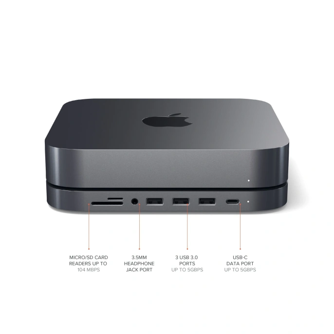 USB док станция с подставкой Satechi Mac Mini Stand & Hub для Mac Mini. Порты: 1x USB-C, 3 x USB, 3,5mm AUX, SD, microSD. Цвет: серый космос. (ST-ABHFM)