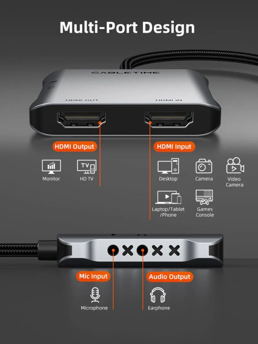 Адаптер видеозахвата CABLETIME CB67G (CT-ACHC3L-AG) USB 3.0 A+C в HDMI с петлевым выходом