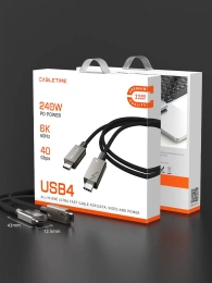 Кабель USB4 CABLETIME CU44L (CT-USB4-ZG2) 2 м, коаксиальный, черный TPE + нейлоновый 40G/240W, АУДИО-ВИДЕО 8K/60HZz