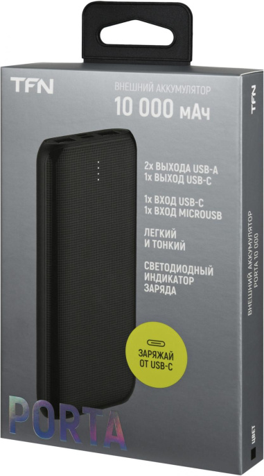 Внешний аккумулятор Power Bank TFN Porta PB-247, 10000мAч, черный [tfn-pb-247-bk]