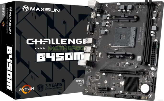 Материнская плата Maxsun MS-Challenger B450M mATX, 22x17.5 см, AMD B450, 2xDDR4 DIMM, 3200МГц, до 64GB, звук 5.1, 4xSATA3.0 6Gb/s , 1xM.2, 2xPCIe3.0x16, 1xPCIe3.0x1, 1хHDMI, 1xVGA