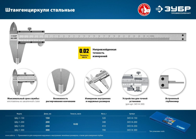 Штангенциркуль нониусный Зубр Профессионал ШЦ-1-150 серый пластиковый футляр 34514-150