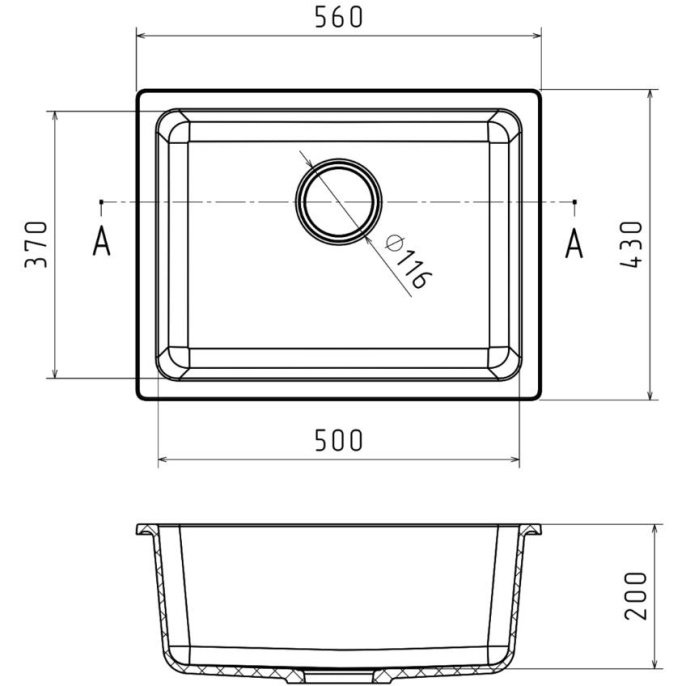 Кухонная мойка RIVELATO RIVELATO Мойка BERKANA 50 1-чаш 560*430, монтаж: универсальный, материал: кварц, цвет: иней BK-50 brina