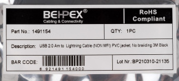 BEHPEX  Кабель USB m -Lightning m 3м черный