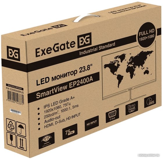 Монитор 23.8" ExeGate SmartView EP2400A EX295526RUS (IPS LED Grade A+, FHD, 1920x1080@75Гц, 16:9, 250cd/m2, 1000:1, 178°/178°, 5ms, D-Sub, HDMI, audio-out, встроенный БП, FreeSync, Flicker-free, Low Blue Light, кабель HDMI 1.5м, VESA,