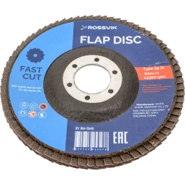 Круг шлифовальный лепестковый Тип 29 115x22 мм, P 80, Zr, 80 м/с, 12250 об/мин Rossvik 29_115х22_80