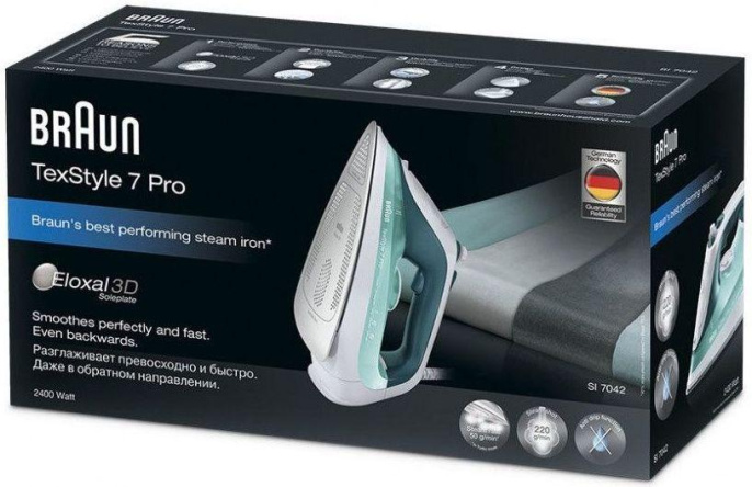Утюг Braun SI7042GR, с паровым ударом, 2400Вт, белый и бирюзовый