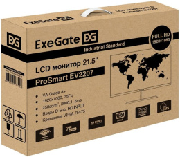 Монитор 21.5" ExeGate ProSmart EV2207 VA LED Grade A+, FHD, 1920x1080@75Гц, 16:9, 250cd/m2, 3000:1, 178°/178°, 5ms, D-Sub, HDMI, Flicker-free, кабель HDMI 1.5м, VESA, регулировка наклона tilt , черный EX294426RUS