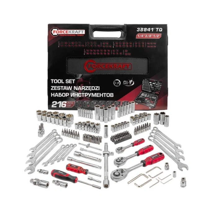 Набор инструментов Forcekraft 216пр. 1/4''3/8''1/2''(6гр.)(4-32мм) FK-38841 TQ(58708)