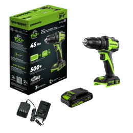 Greenworks DD345, 24V, Дрель-шуруповерт аккумуляторная, бесщеточная, 27/45 Нм,13мм,1х2Ач,ЗУ,кор [3708307CUA]