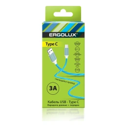 Кабель USB-Type C Ergolux Elx-cdc02-c06 (3а, 1,2м, led (синий), зарядка+передача данных, коробка) 15305