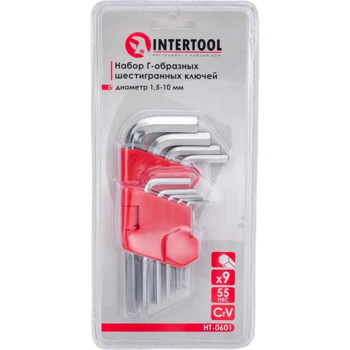 Набор Г-образных шестигранных ключей INTERTOOL 9 шт., 1.5-10 мм, Cr-V HT-0601