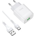 HOCO Зарядное устройство Hoco 18Вт, 3А, QC3.0, 1xUSB + кабель USB/Type-C, CS12A, белый, блистер (HC-03737)