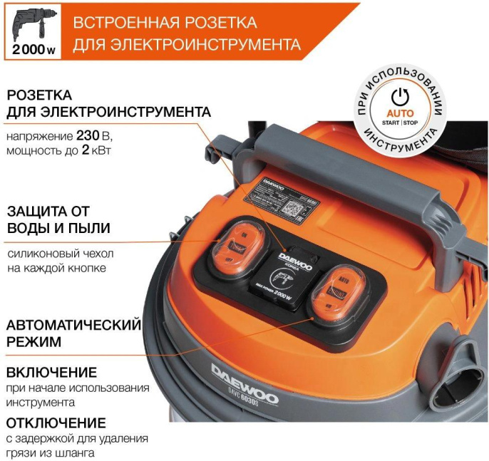 Строительный пылесос Daewoo DAVC 6030S 3200Вт уборка: сухая/сбор воды/выдув серебристый