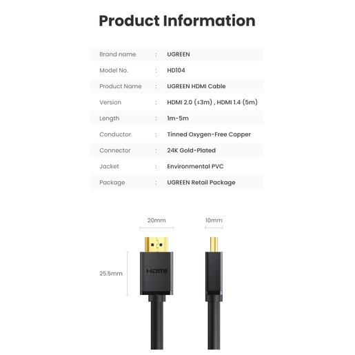 Кабель UGREEN HD104 10106 HDMI 4K@60Hz Male To Male Cable. Длина: 1м. Цвет: черный