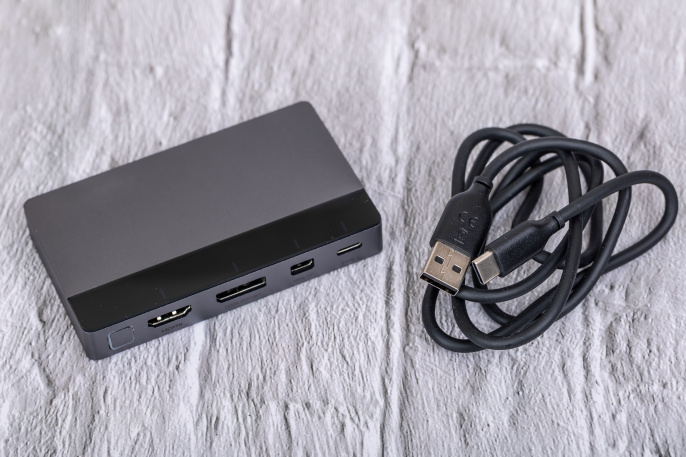 Переключатель CABLETIME CB00G (CT-PS41-GB1) 4-в-1, Mini DP / DP / HDMI / Type-C, 4K@60 Гц, 15 м, подсветка, космический серый