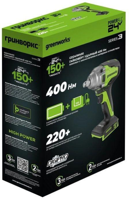 Гайковерт Greenworks GD24IW400 аккум. патрон:квад.1/2" 3802907CUG