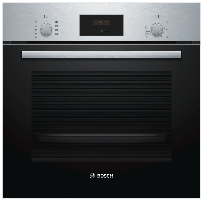 Духовой шкаф Bosch HBF114ES0 электрический с конвекцией, объем 66 л, утапливаемые переключатели, 7 режимов, очистка ручная, 2 стекла в дверце, направляющие проволочные + телескопические 1 уровень