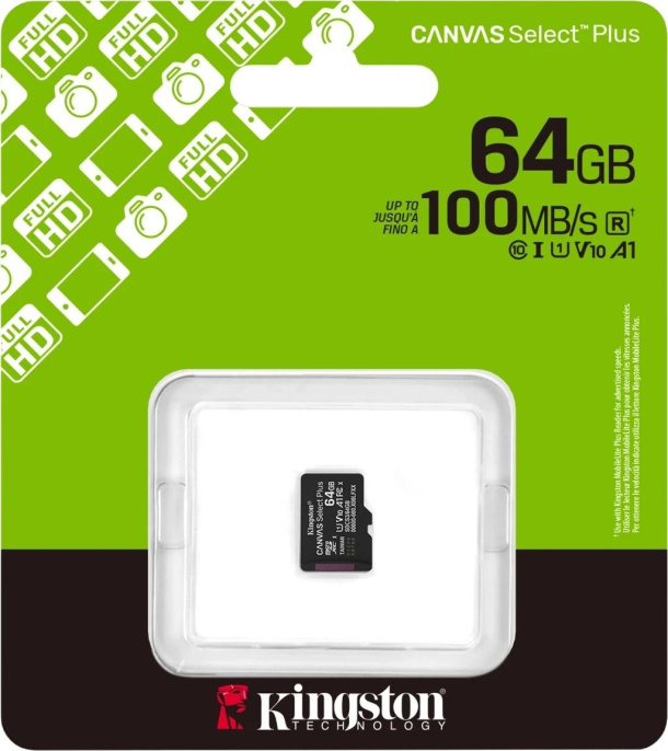 Карта памяти microSDXC UHS-I U1 Kingston Canvas Select Plus 64 ГБ, 100 МБ/с, Class 10, SDCS3/64GBSP,  1 шт., без адаптера