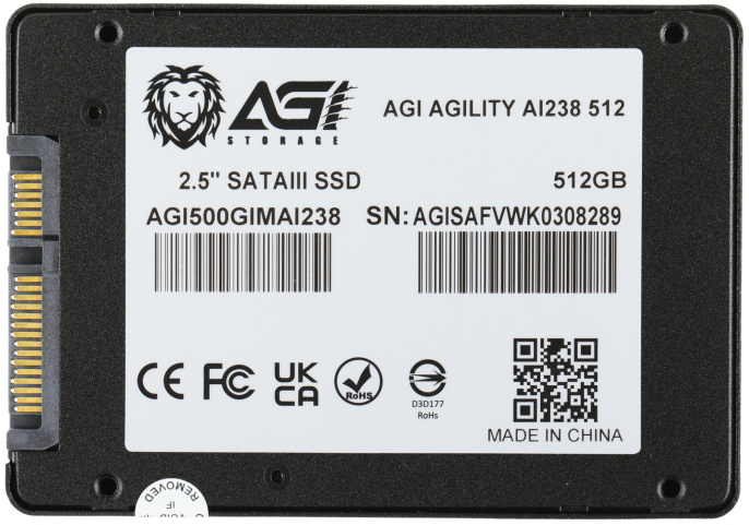 Накопитель SSD AGI AI238 512GB AGI500GIMAI238-CB 2.5", SATA 3.0, 3D NAND, скорость чтения/записи: 530/510MB/s