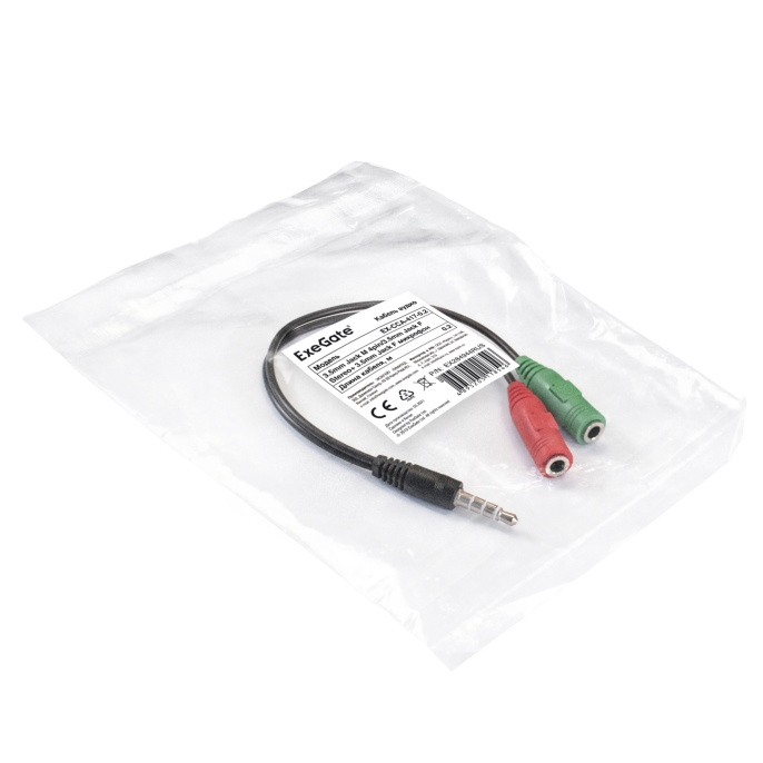 Кабель аудио ExeGate EX-CCA-417-0.2 (3.5mm Jack M 4pin/3.5mm Jack F Stereo+ 3.5mm Jack F микрофон, 0,2м) EX284944RUS