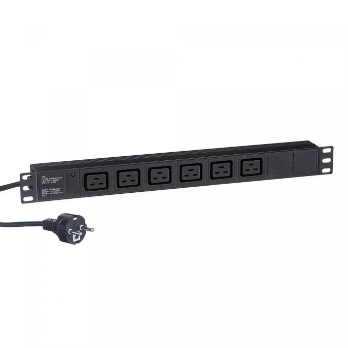 Блок розеток с кабелем с евровилкой ExeGate ServerPro PDU-19H013 Al-6C19-EU3CU 19", 1U, Алюминий, 6 IEC 320 C19, кабель с евровилкой VDE-250V-16A-3*1.5mm2, медь, 3 метра, индикатор питания, черный, RTL EX280871RUS