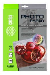 Фотобумага Cactus CS-GA4170100, A4, для струйной печати, 100л, 170г/м2, белый, покрытие глянцевое