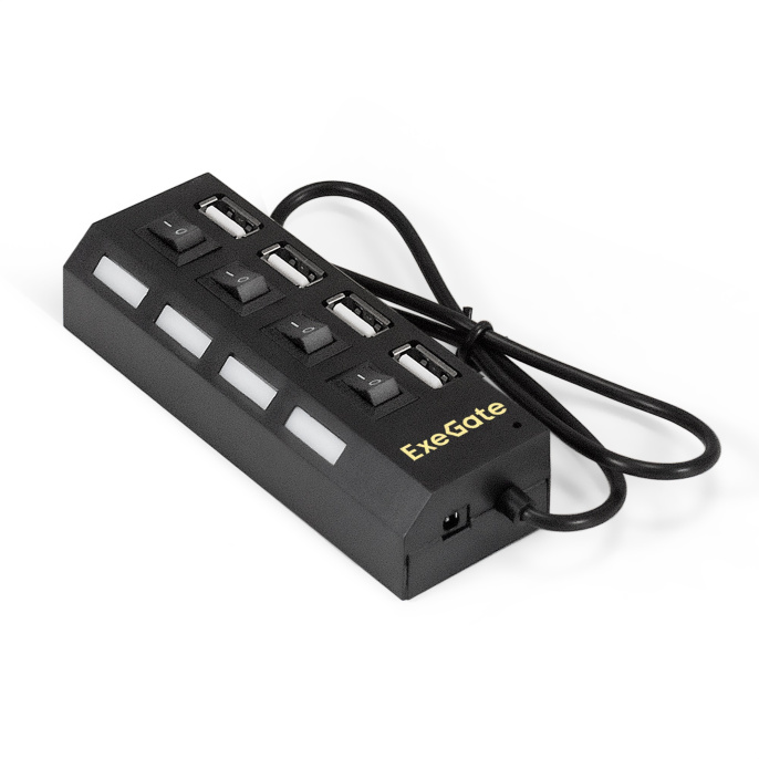 USB-Хаб концентратор 4-в-1 ExeGate DUB-42SW кабель-адаптер USB2.0 -- 4xUSB2.0, кнопки включения/отключения для каждого порта, Plug&Play, черный EX293977RUS