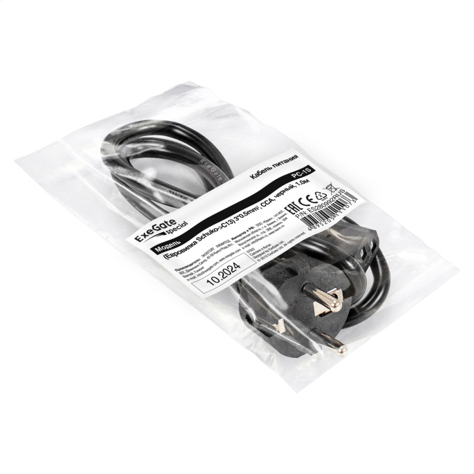 Кабель питания ExeGate Special PC-1S-Schuko->C13/3x0.5 (Евровилка EU/Тип F(Schuko) ->IEC 320 C13, 3*0.5mm2, CCA, черный, 1м) ES280992RUS