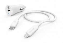 Автомобильное зарядное устройство HAMA H-183297,  USB-C, 8-pin Lightning, 18Вт, 3A, белый [00183297]