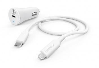 Автомобильное зарядное устройство HAMA H-183297,  USB-C, 8-pin Lightning, 18Вт, 3A, белый [00183297]