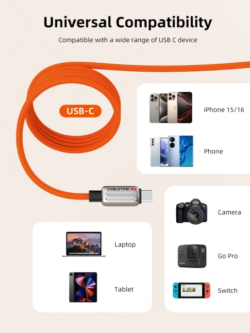 Магнитный кабель USB-C CABLETIME CU06H (CT-CM240-MZO1) 1 м, 480 Мбит/с, 5А/48В 240Вт, оранжевый, для быстрого заряда смартфонов и ноутбуков