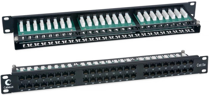 Cabeus PLHD-48-Cat.5e-Dual IDC-1U Патч-панель высокой плотности 19", 1U, 48 портов RJ-45, категория 5e, Dual IDC