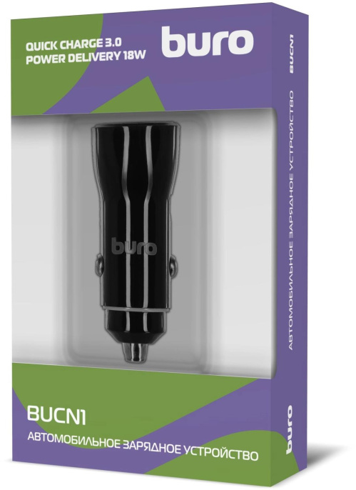 Автомобильное зарядное устройство Buro BUCN1, USB-A, USB-C, 18Вт, 3A, черный [bucn18p110bk]