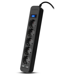 SVEN Фильтр SF-05LU 1,8 м 5 евро розеток,2*USB 2.4А , черный, цветная коробка [SV-018832]