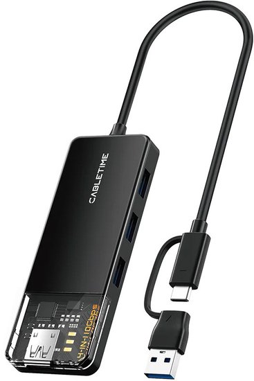 Концентратор CABLETIME CB05B (CT-HUBT5-PB) 4 порта USB-A/C, 10 Гбит/с, 0.2 м, USB-хаб для ноутбука